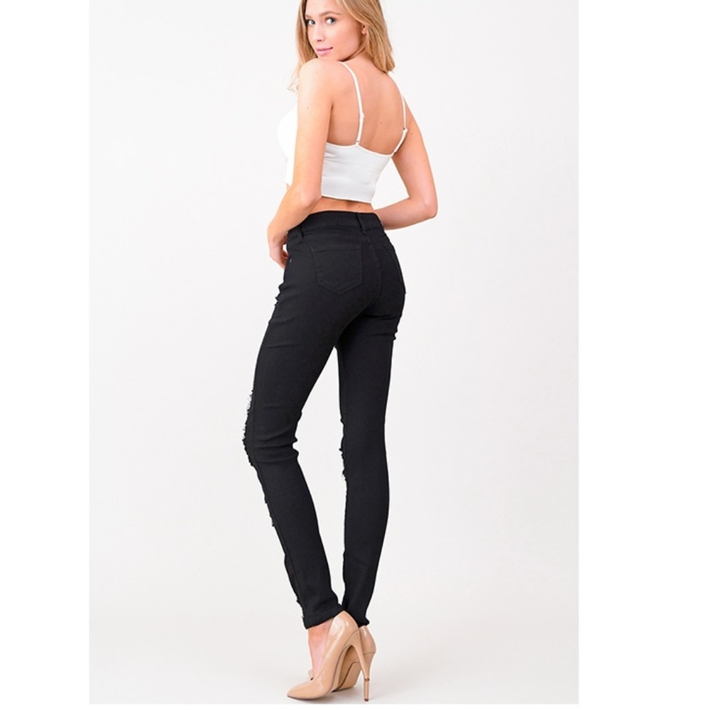 NWT  Black Denim Mid Rise Distressed Jean - Picture 5 of 7
